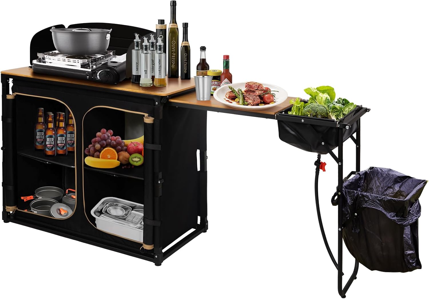 Camping Cooking Table With Windshield - โต๊ะครัวพับได้สำหรับตั้งแคมป์ Bamboo Camp Kitchen Station พร้อมตะขอแขวน