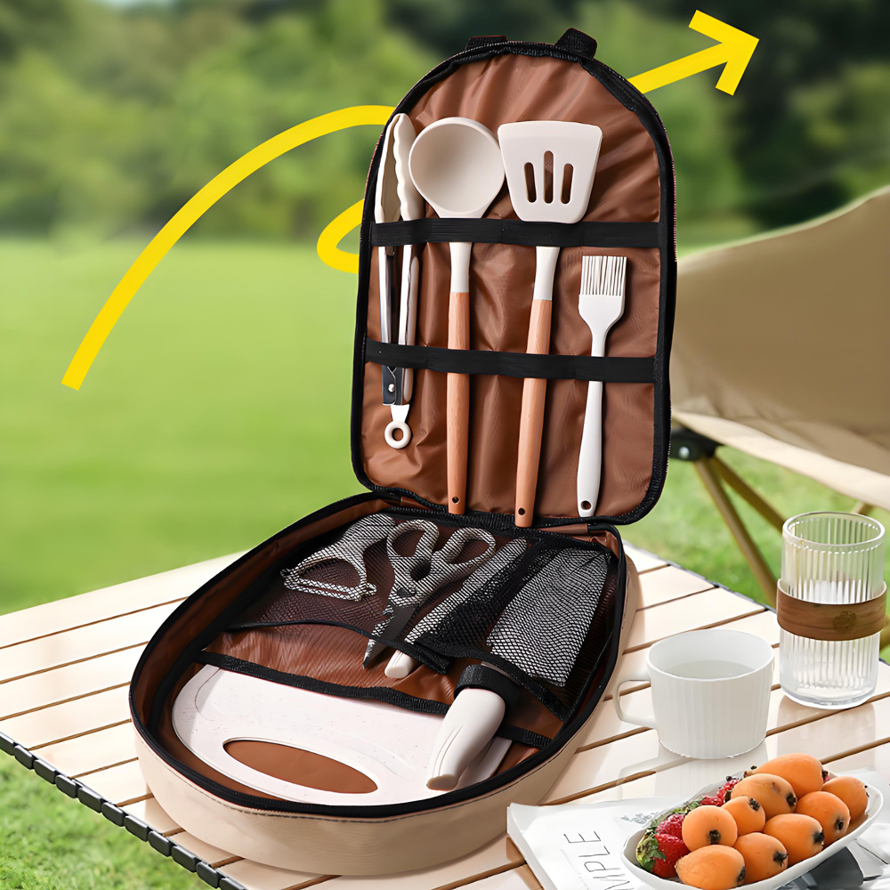 Quechua Camping Cooking Set - ชุดอุปกรณ์ทำอาหารสำหรับตั้งแคมป์แบบพกพา 10 ชิ้น, ตะหลิวซิลิโคน, ทัพพี, เขียง,