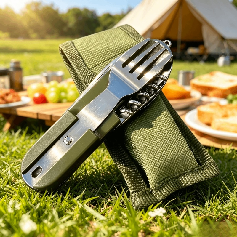 Camping Cooking Knife Set - ชุดช้อนส้อมสแตนเลส 7 in 1 สำหรับตั้งแคมป์ อุปกรณ์รับประทานอาหารอเนกประสงค์แบบพับได้