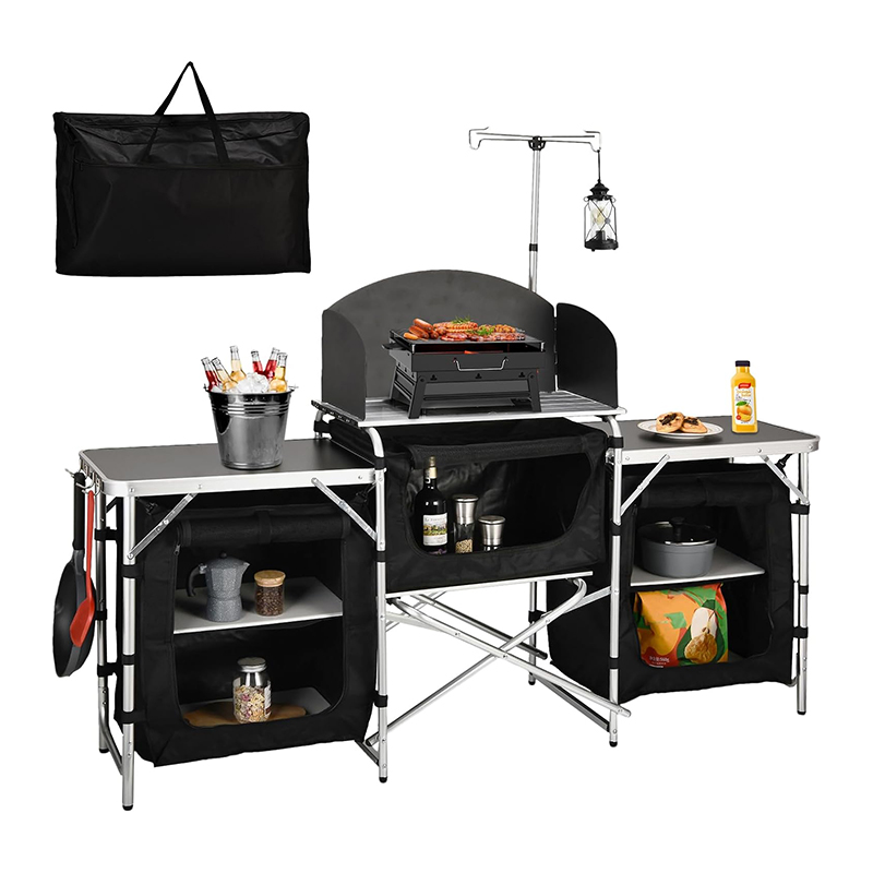 Camping Cooking Table With Windshield - โต๊ะครัวพับได้อเนกประสงค์ 3 ชั้น พร้อมแผงกันลมแบบถอดได้ สำหรับตั้งแคมป์ ปิ้งย่าง