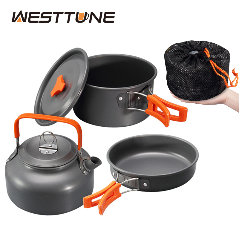 Camping Cooking Kits - WESTTUNE ชุดเครื่องครัวตั้งแคมป์อลูมิเนียมกลางแจ้งแบบพกพาชุดทําอาหารหม้อกาต้มน้ําสําหรับตั้งแคมป์บนโต๊ะอาหารเดินป่าปิคนิค 3 ชิ้น