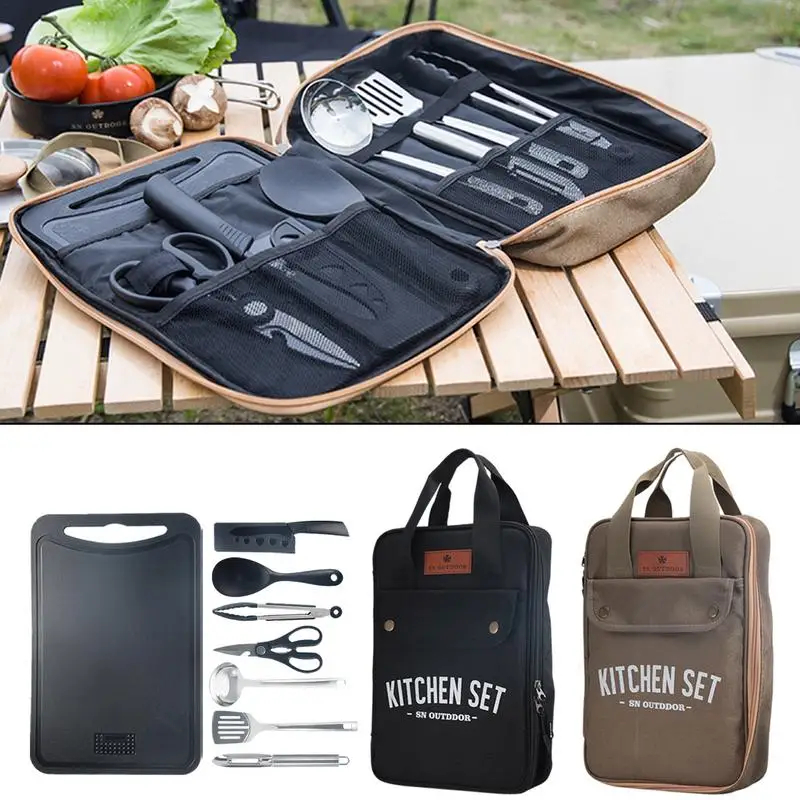 Camping Cooking Kits - ชุดเครื่องครัวแคมป์ปิ้ง 8 ชิ้น ชุดอุปกรณ์ทำอาหารพกพาสำหรับเดินทางกลางแจ้ง ทำจากสแตนเลส สำหรับทำอาหารและปิ้งย่าง