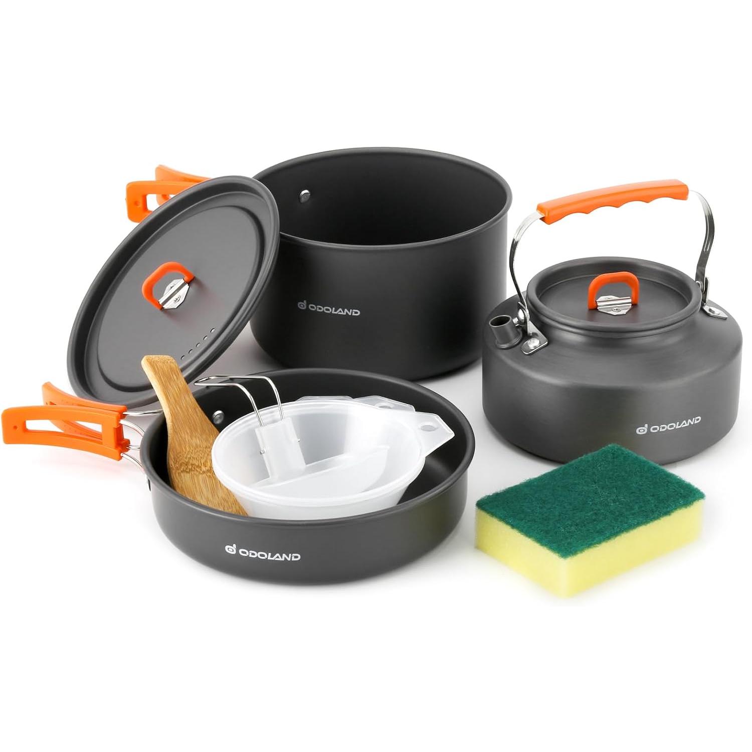 Camping Cooking Trangia - ชุดเครื่องครัวสำหรับตั้งแคมป์ Odoland 10 ชิ้น ประกอบด้วยหม้อและกระทะสำหรับตั้งแคมป์ พร้อมกาต้มน้ำ