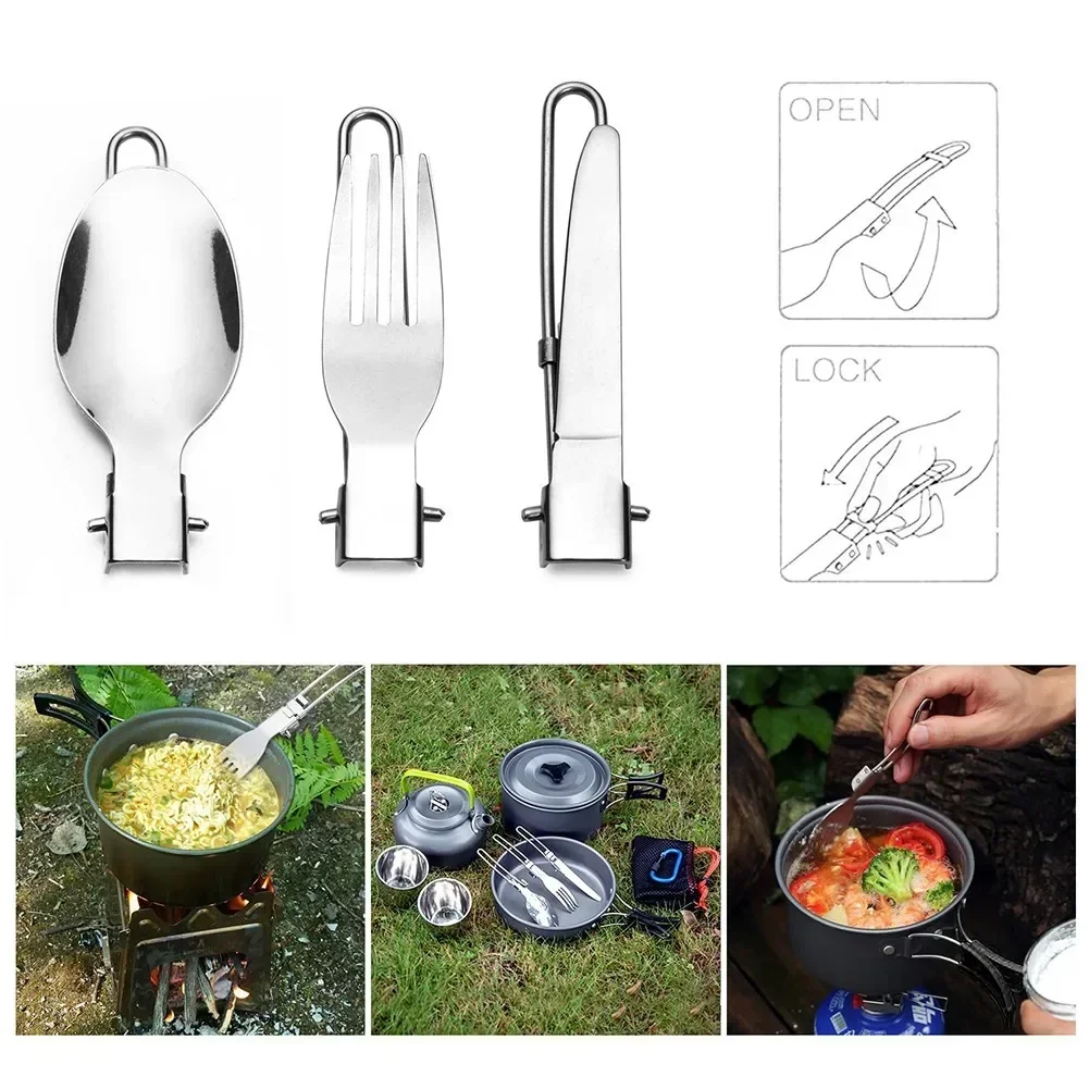 Camping Cooking Knife Set - ชุดอุปกรณ์ทำอาหารปิกนิกสำหรับตั้งแคมป์กลางแจ้ง 1 ชุด ทำจากสแตนเลส พร้อมช้อนส้อมพับได้ ชุดช้อนส้อมพร้อมกระเป๋า