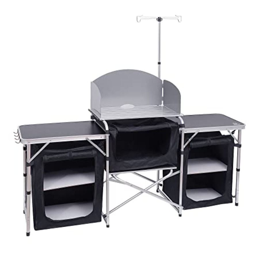 Camping Cooking Table With Windshield - โต๊ะครัวสำหรับแคมป์ปิ้ง, โต๊ะพับสำหรับทำอาหาร, ชุดอุปกรณ์ทำอาหารแบบอัพเกรดพร้อมขาตั้งไฟและแผงกันลม, พร้อมที่จัดเก็บ 3 ช่อง