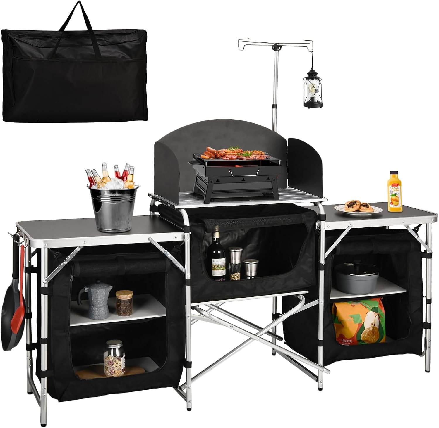 Camping Cooking Table With Windshield - โต๊ะครัวพับได้สำหรับตั้งแคมป์ทำจากอะลูมิเนียมพร้อมที่กันลม, ขาตั้งไฟแบบอัพเกรด, มาพร้อมกระเป๋าเก็บของ, ติดตั้งง่าย