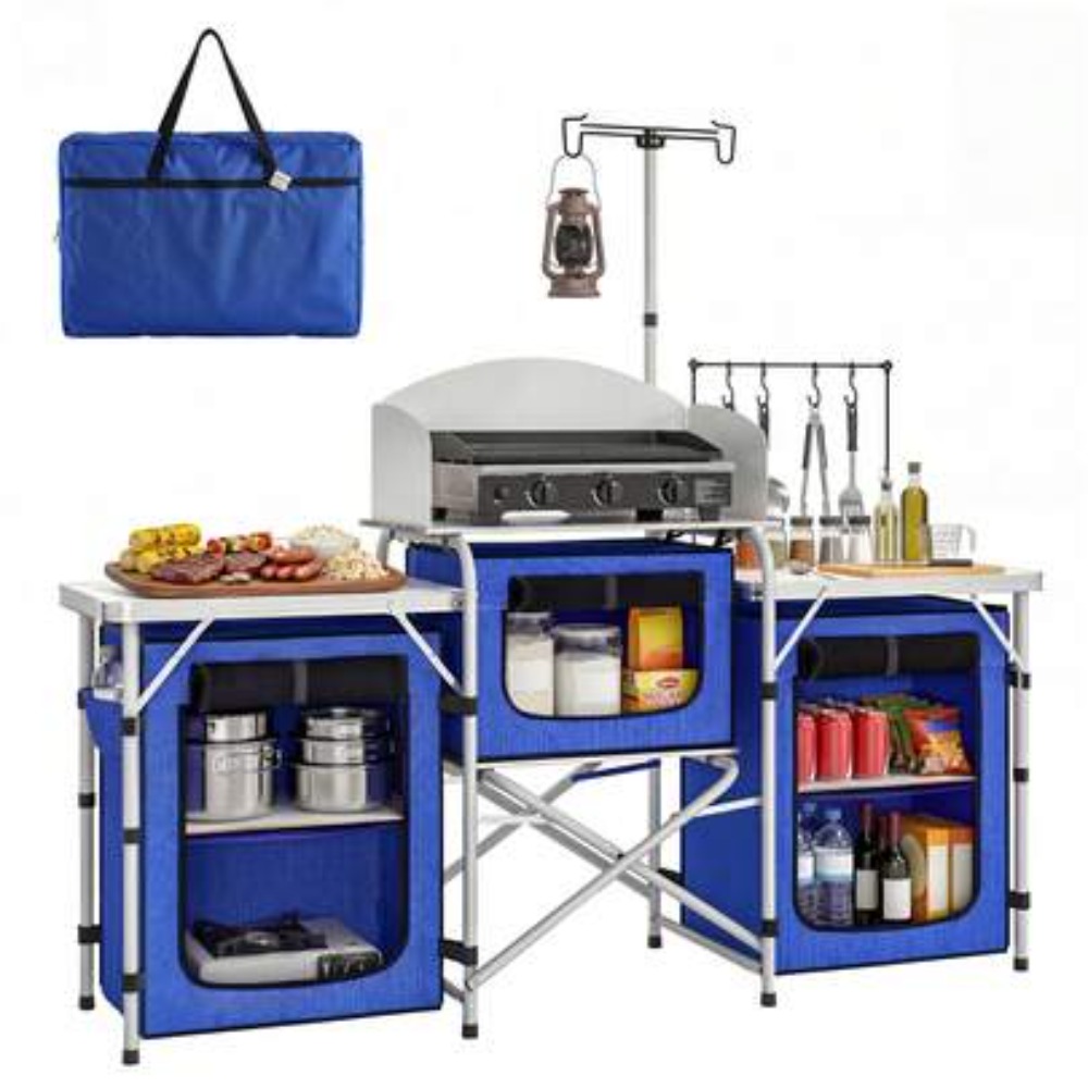 Camping Cooking Table With Windshield - โต๊ะครัวอะลูมิเนียมสำหรับตั้งแคมป์แบบพับได้พร้อมตู้เก็บของผ้า กระเป๋ากันลม สีฟ้า ทนทาน เหมาะสำหรับทำอาหารกลางแจ้ง ปิกนิก