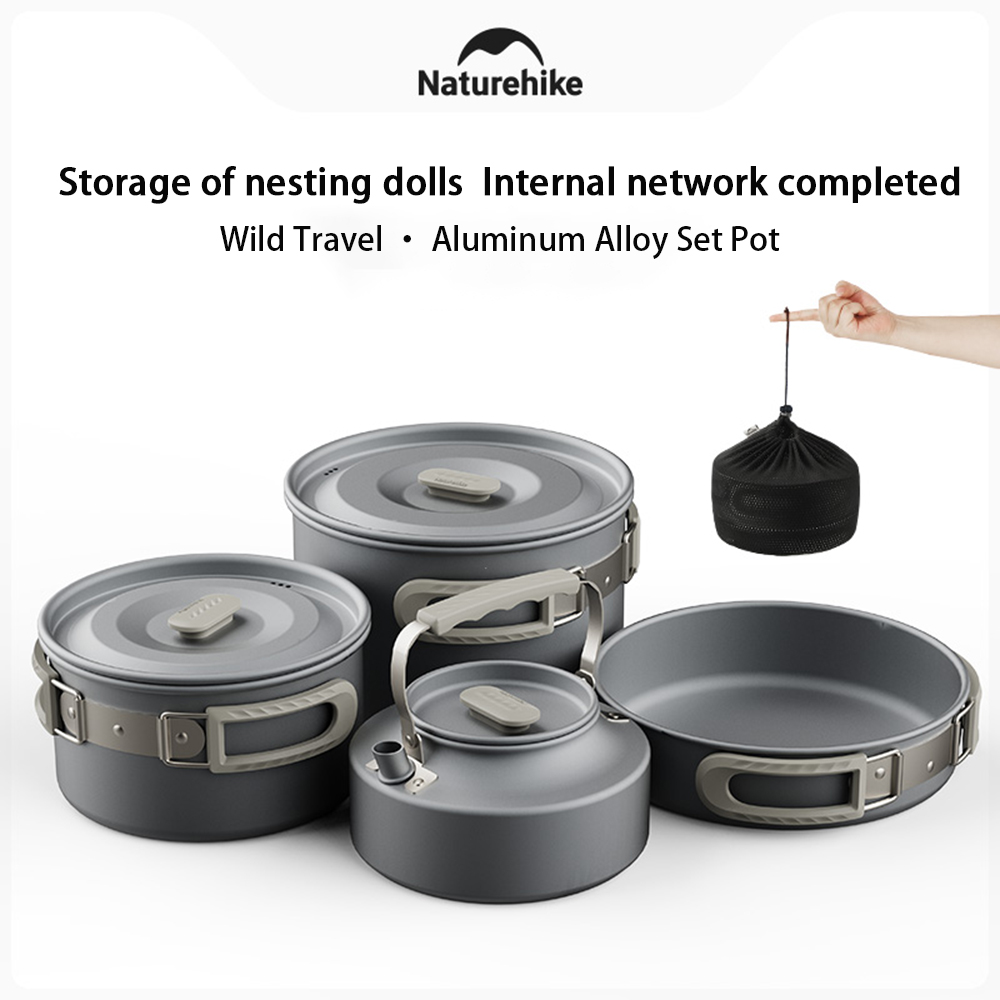 Camping Cooking System - Naturehike ชุดหม้อกลางแจ้ง,อุปกรณ์ทําอาหารตั้งแคมป์,กระทะสแตนเลสแบบพกพาแขวนหม้อ,เดินป่าปิกนิกบนโต๊ะอาหาร