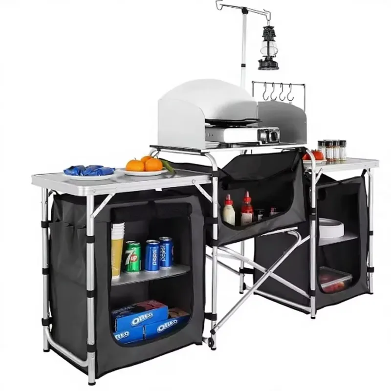 Camping Cooking Table With Windshield - ตู้เก็บของครัวแคมป์ปิ้งกลางแจ้งอลูมิเนียมขนาดใหญ่แบบขายส่ง พร้อมโต๊ะพับและฉากกั้นลมสำหรับครอบครัว