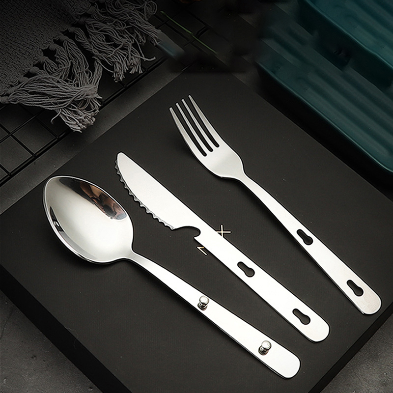Camping Cooking Knife Set - ชุดช้อนส้อมพกพา 3 ชิ้น/ชุด ทำจากสแตนเลส ประกอบด้วยมีดพับ ช้อน