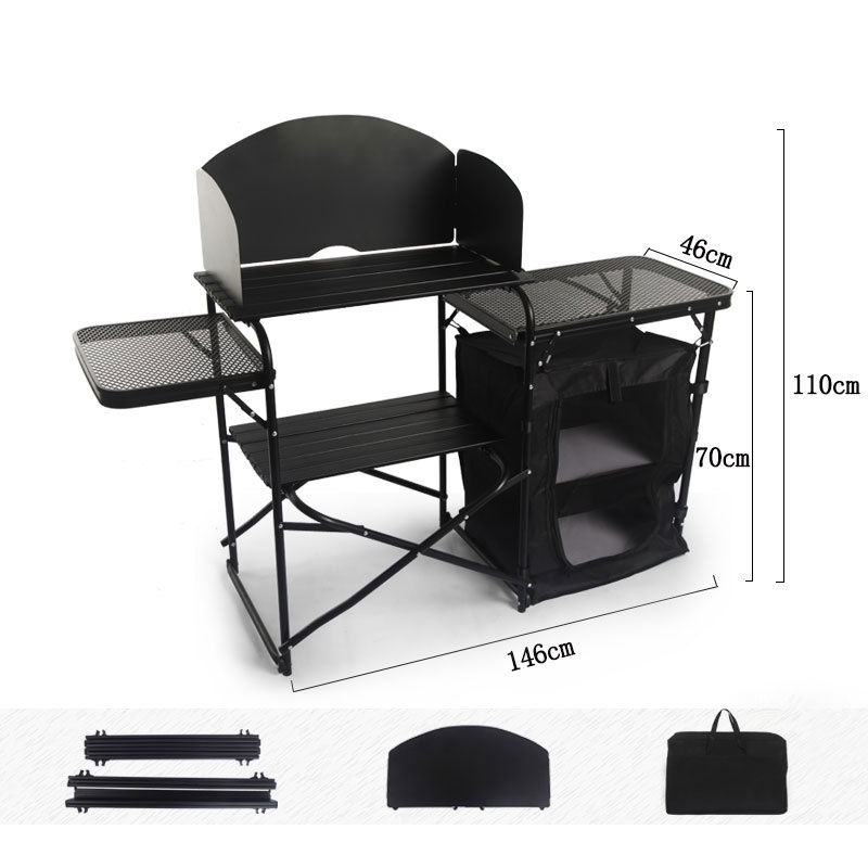 Camping Cooking Table With Windshield - โต๊ะครัวพับได้แบบพกพาสำหรับตั้งแคมป์กลางแจ้ง ผลิตจากอะลูมิเนียม พร้อมที่เก็บของและฉากกั้นลม ขายส่งจากโรงงาน